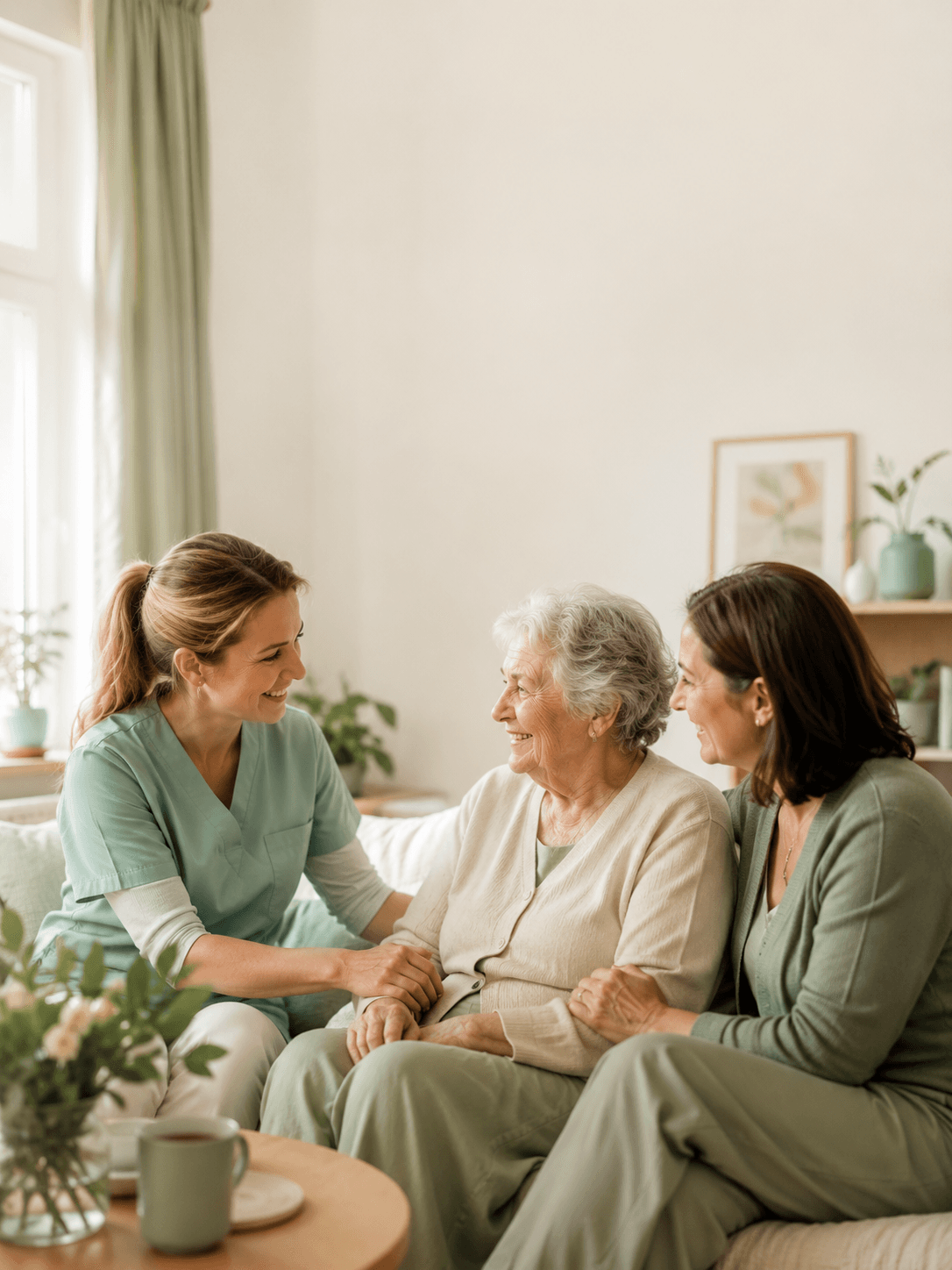 Pflegerin im Gespräch mit einer Seniorin und ihrer Angehörigen